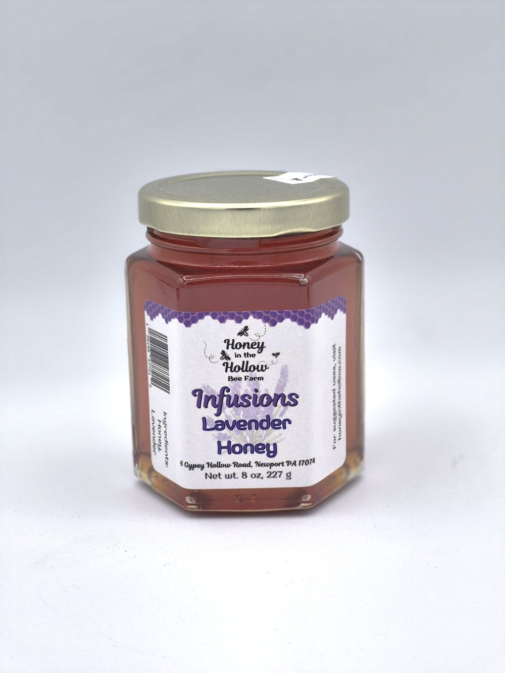 Lavender Infused Wildflower Honey 1 lavender infused wildflower honey in 8 ounce hex jar