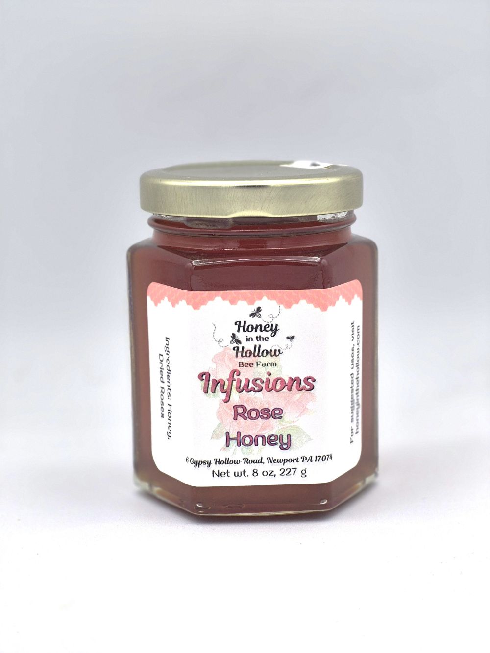 Rose Infused Wildflower Honey 1 rose infused wildflower honey in 8 ounce hex jar