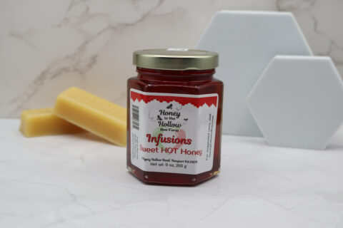 sweet hot honey in 8 ounce hex jar