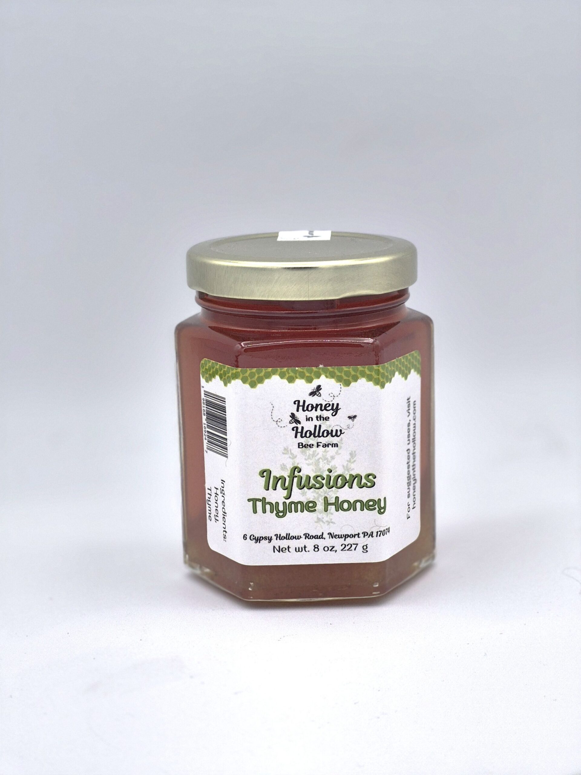 Thyme Infused Wildflower Honey 1 8 ounce hex jar of thyme wildflower infused honey