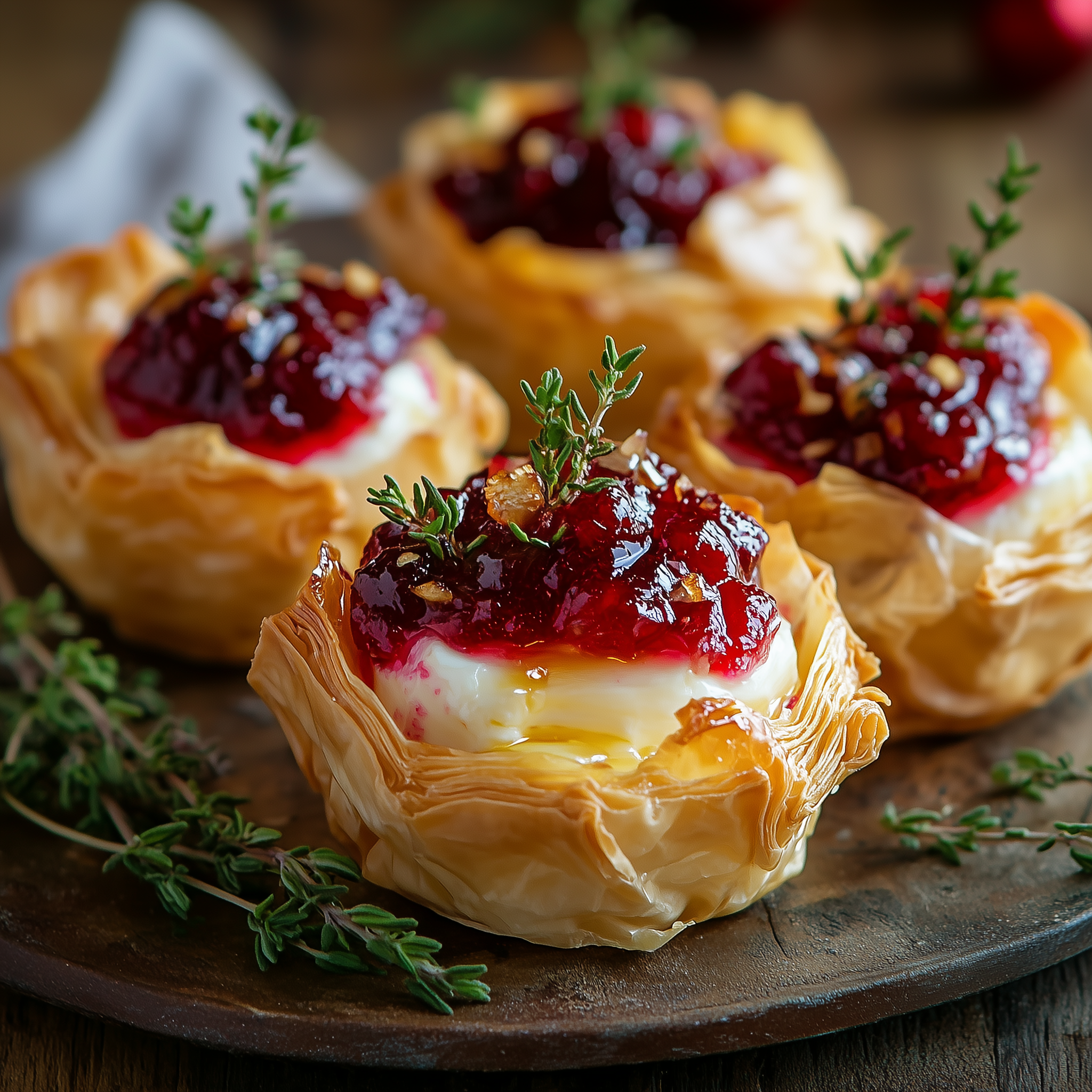 Honey-Glazed Brie and Cranberry Phyllo Cups honey glazed brie and cranberry phyllo cups on decorative platter