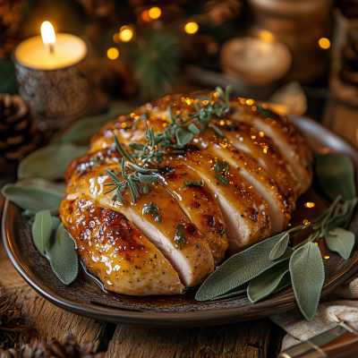 honey glazed turkey breast with sage for 2 on platter with festive background