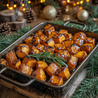 honey roasted sweet potatoes with rosemary and garlic in festive setting