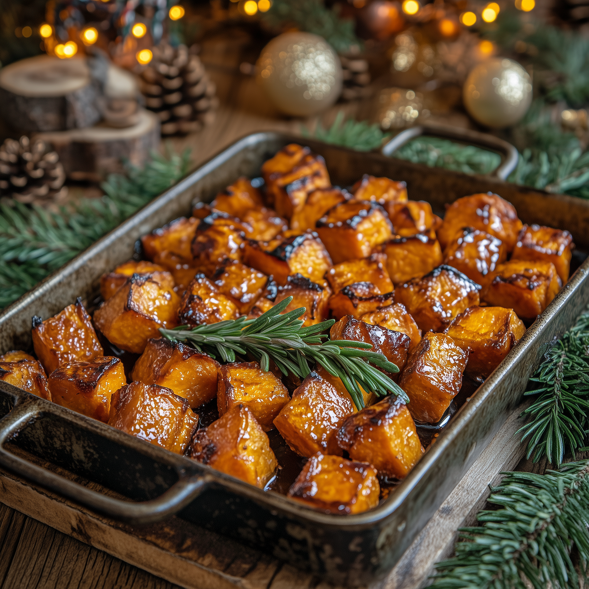 honey roasted sweet potatoes with rosemary and garlic in festive setting
