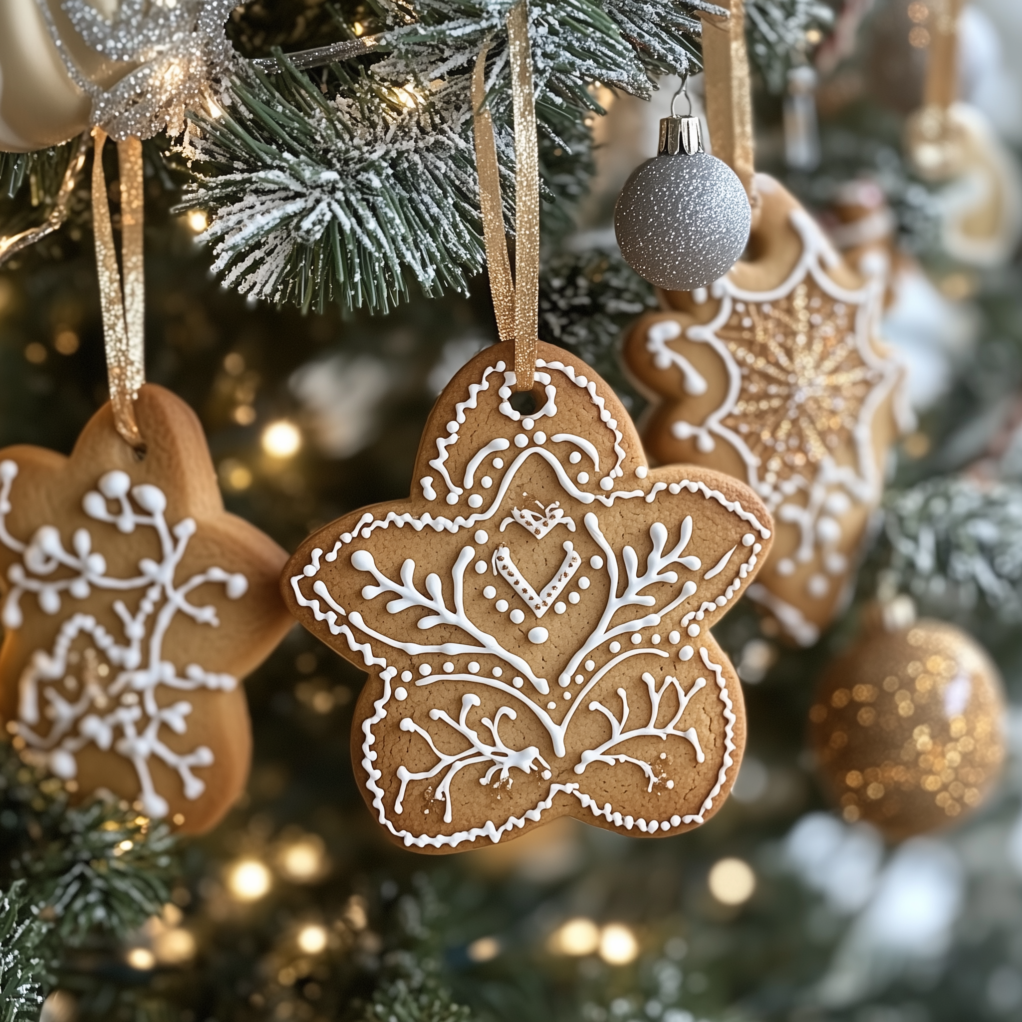 honey spiced gingerbread cookie with decorations hanging on Christmas tree