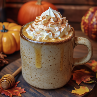 honey spiced pumpkin frothy latte with honey drizzling out of the mug in front of pumpkins