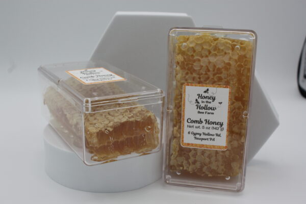 2 5 ounce mini comb honey in plastic cases in front of white background