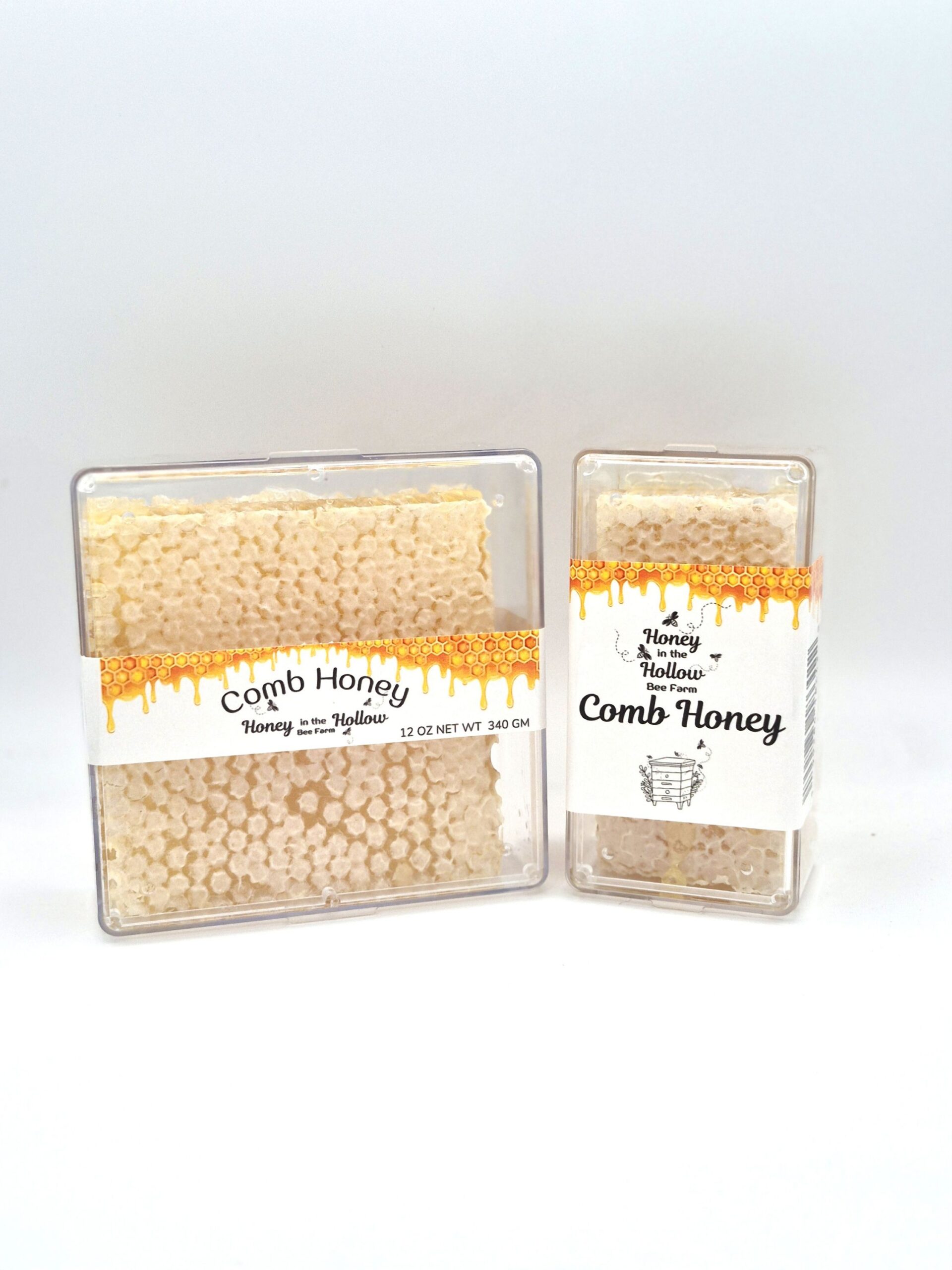 Raw Comb Honey 1 12 ounce and 5 ounce raw comb honey in plastic cases