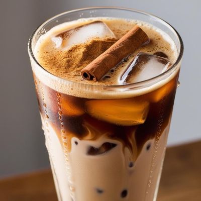 milky iced coffee with cinnamon in tall clear glass