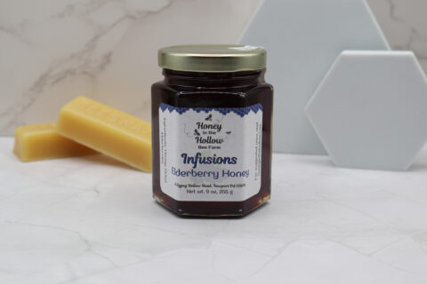 elderberry honey in 9 ounce hex jar