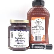 back to school bundle-elderberry infused wildflower honey raw wildflower honey in plastic bottle and beeswax lip balm
