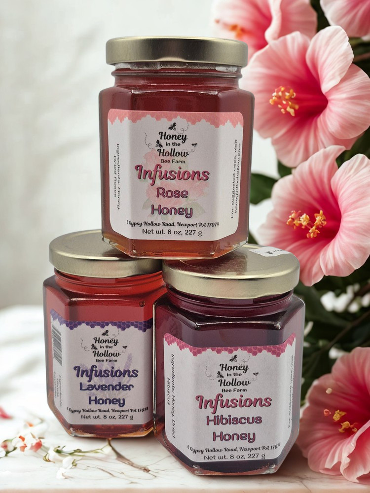 summer flower bundle-hibiscus lavender and rose infused wildflower honey in 8 ounce hex jars with hibiscus flowers