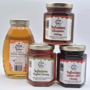 foodie bundle-raw honey in glass bottle cinnamon, thyme and hot honey in hex jars