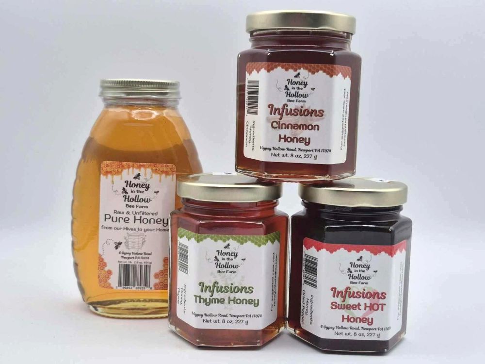 foodie bundle-raw honey in glass bottle cinnamon, thyme and hot honey in hex jars