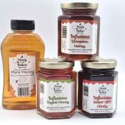 foodie bundle-raw honey in plastic bottle cinnamon, thyme and hot honey in hex jars