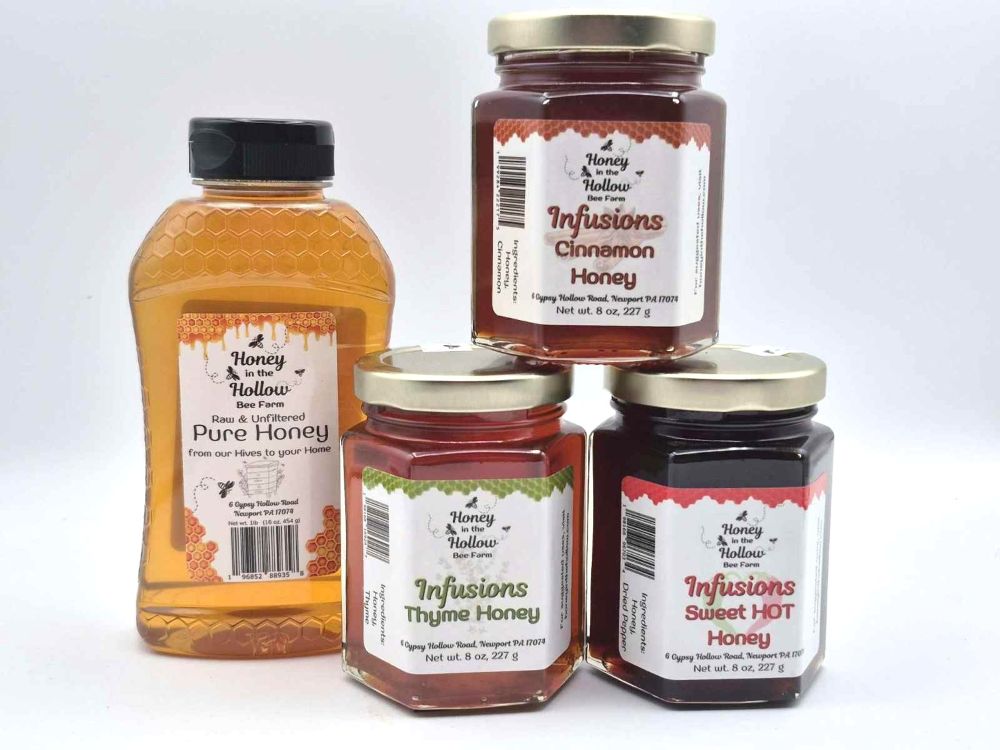 foodie bundle-raw honey in plastic bottle cinnamon, thyme and hot honey in hex jars