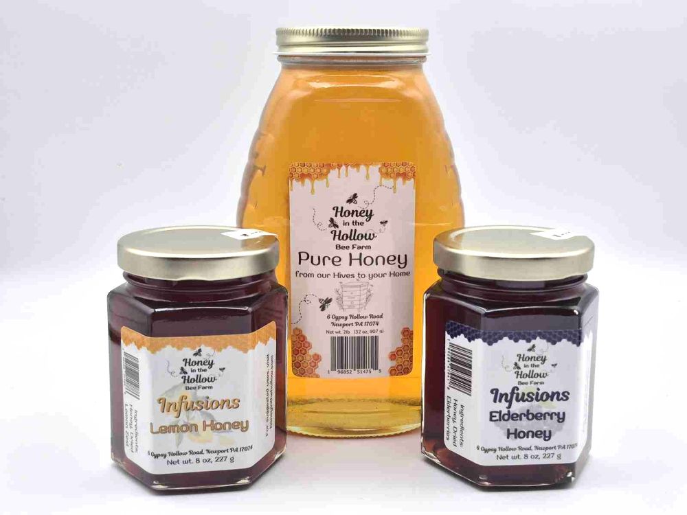 wellness bundle-lemon and elderberry infused honey and raw honey glass